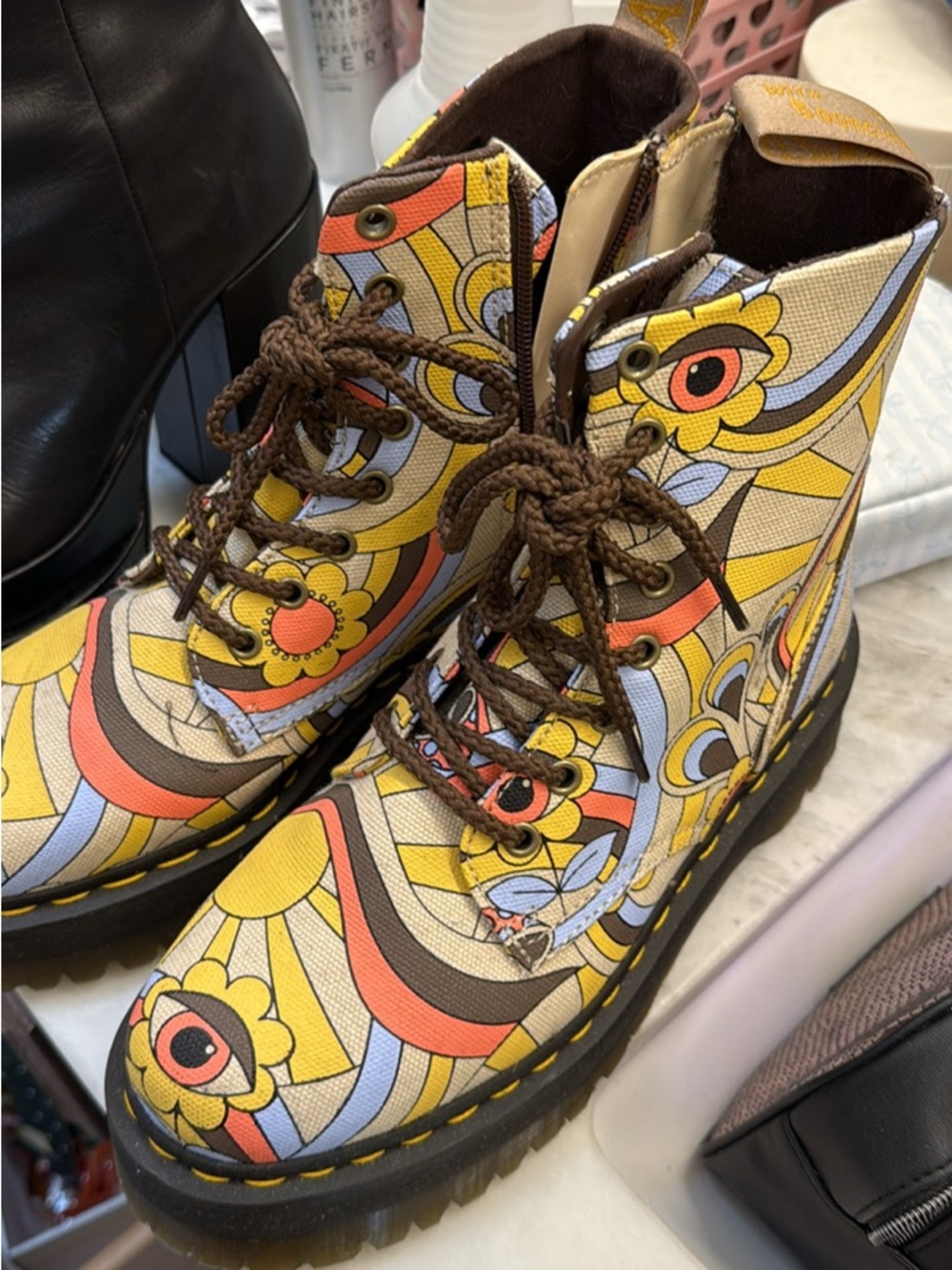 Dr. Martens Floral Psychedelic Yellow Multi Combat Boots